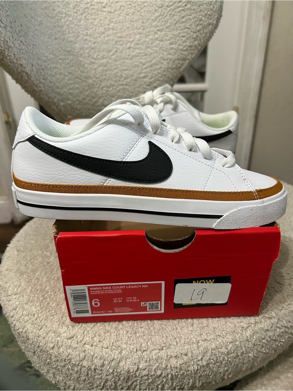 Nike Women’s Size 6 White & Black Court Legacy Shoes with Gold Accent